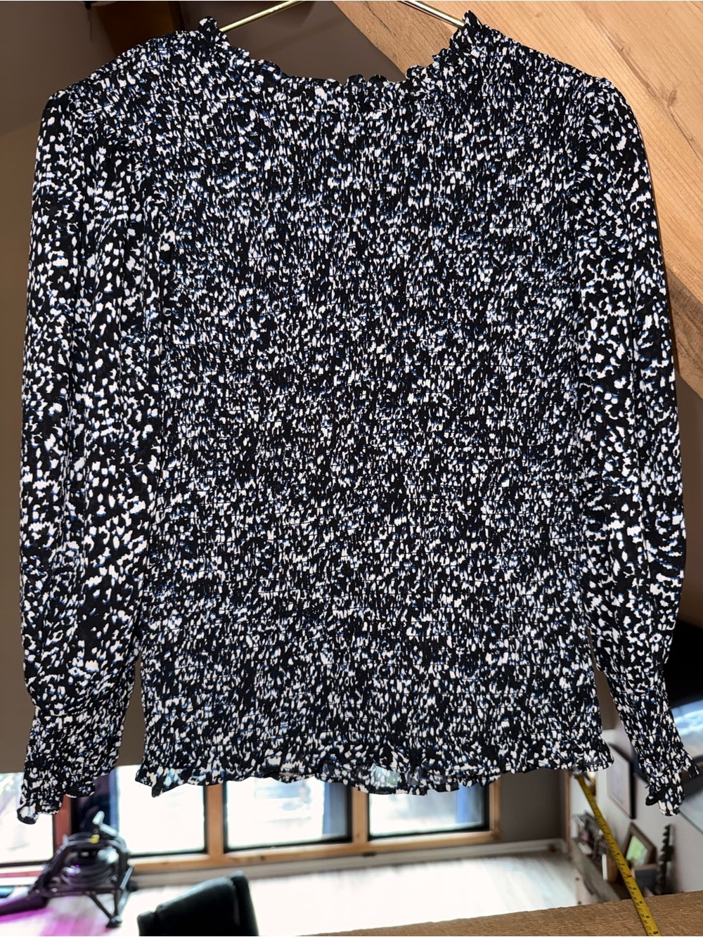 Express Black and White Smocked Long Sleeve Blouse